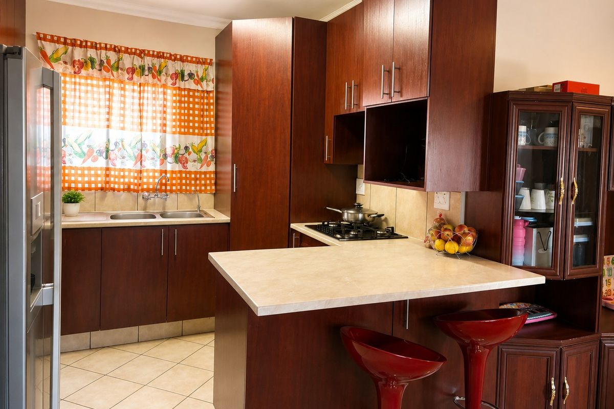 A functional kitchen featuring dark wood-finish cabinetry, laminate countertops, a gas hob, and a double basin sink with tiled flooring.