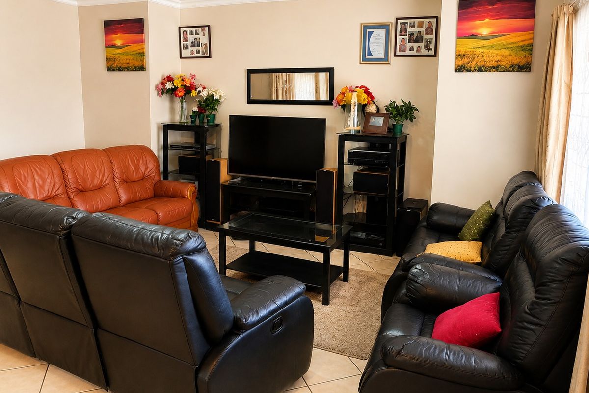 A comfortable living room featuring neutral wall tones, tiled flooring, and crown molding, providing a functional space for relaxation and entertainment.