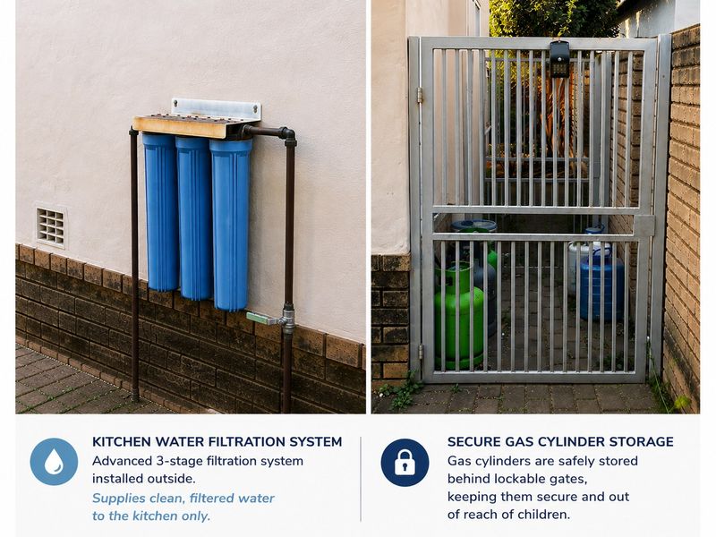 Exterior utility area featuring a 3-stage water filtration system and a secure, lockable gated enclosure for gas cylinder storage.