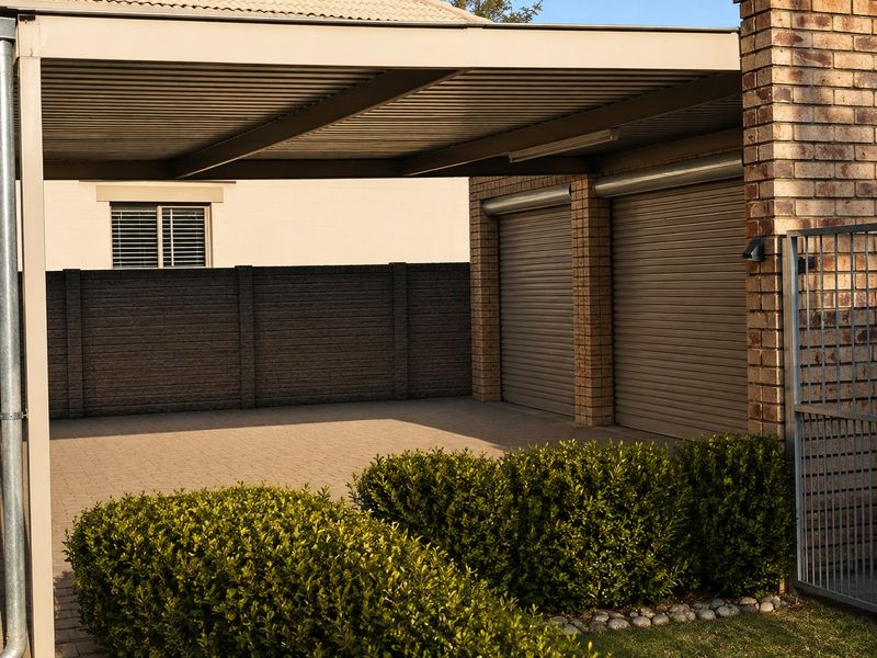 A well-maintained double garage featuring roller doors, brick pillars, and an attached carport, set within a secure paved courtyard area.