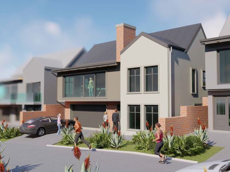 A modern two-story residential house featuring a brick chimney, paved driveway, and integrated garage, presented as an architectural rendering.