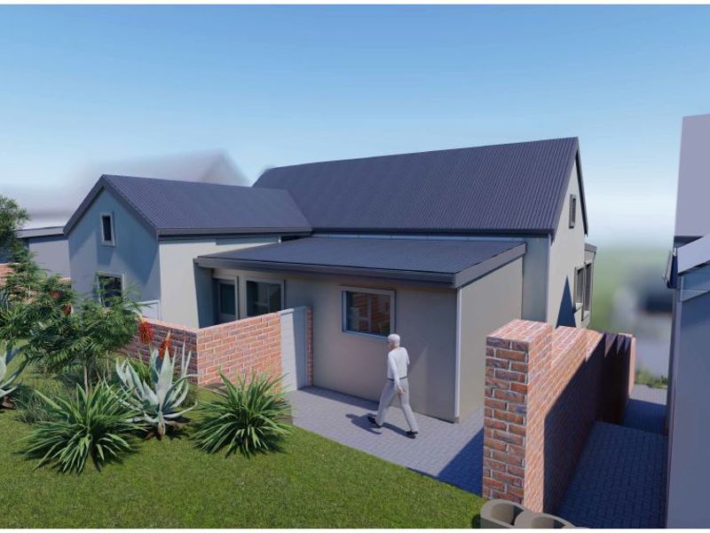 A 3D architectural rendering of a modern house exterior featuring a corrugated metal roof, plastered walls, and a brick boundary wall with paved access.
