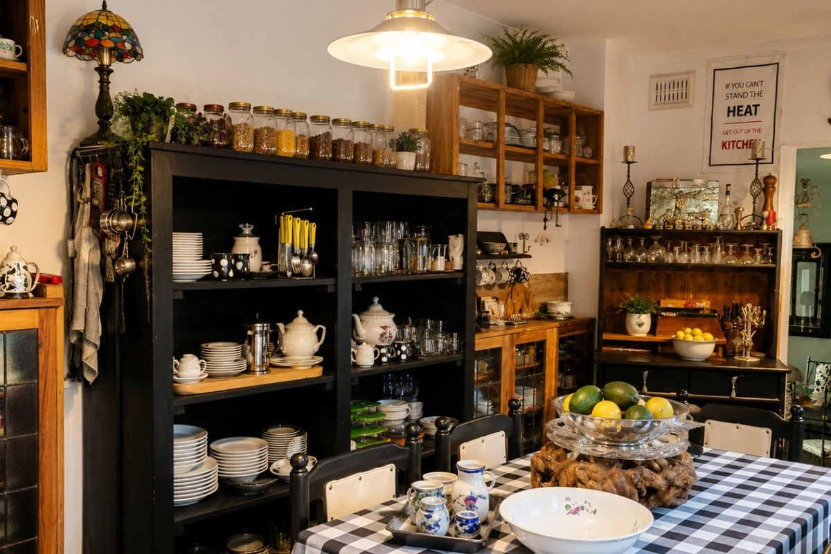 A cozy kitchen area featuring extensive built-in cabinetry, open shelving, and warm pendant lighting, creating a functional and character-filled culinary space.