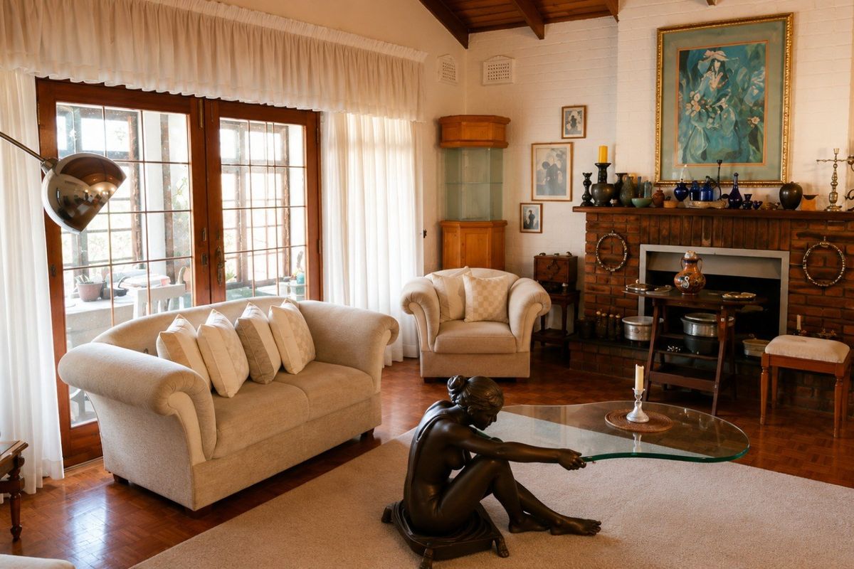 A cozy living room featuring a classic brick fireplace, exposed timber ceiling beams, parquet flooring, and large french doors leading to the outdoor area.