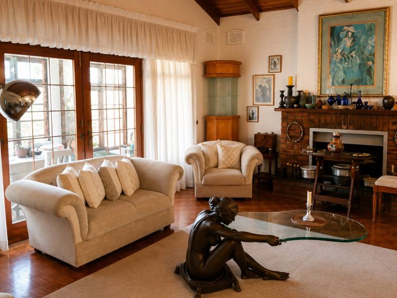 A cozy living room featuring a classic brick fireplace, exposed timber ceiling beams, parquet flooring, and large french doors leading to the outdoor area.