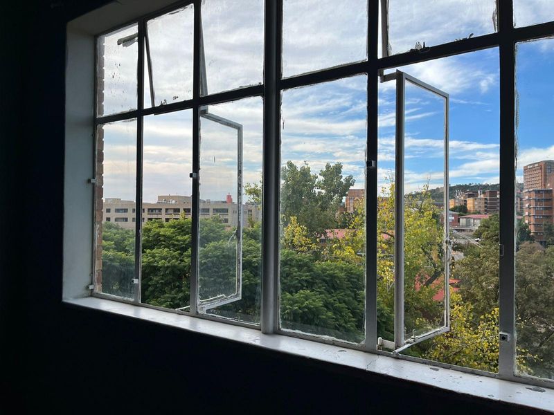 A view from an interior room looking out through aged steel-framed casement windows towards a suburban landscape with trees and buildings.