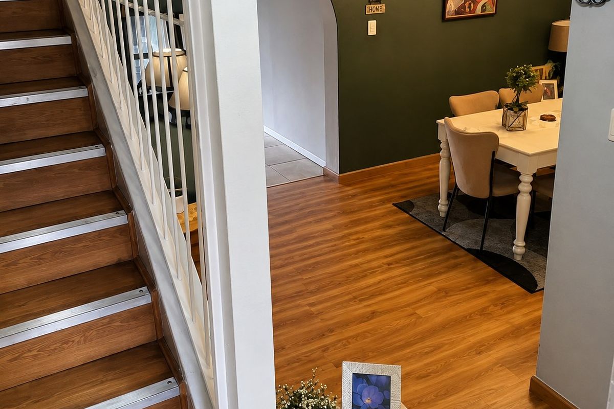 A view of a living area featuring wood-look laminate flooring, a staircase with a metal balustrade, and an arched entryway leading to another space.