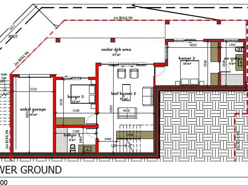 A detailed lower ground floor plan showing the layout of the garage, bedrooms, living area, and en-suite bathroom.