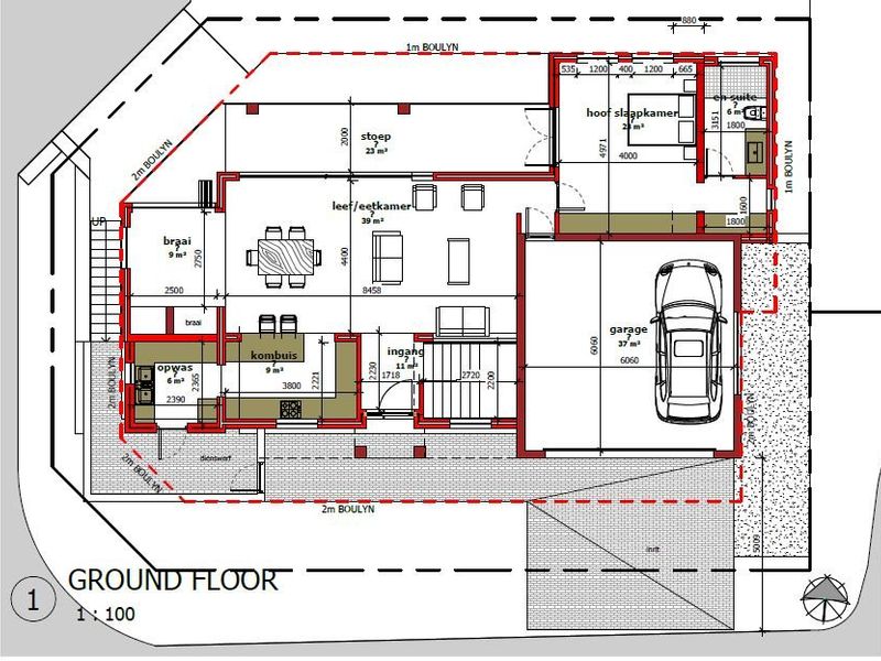 A detailed ground floor architectural plan showing the layout of the kitchen, living areas, bedrooms, garage, and outdoor patio space.