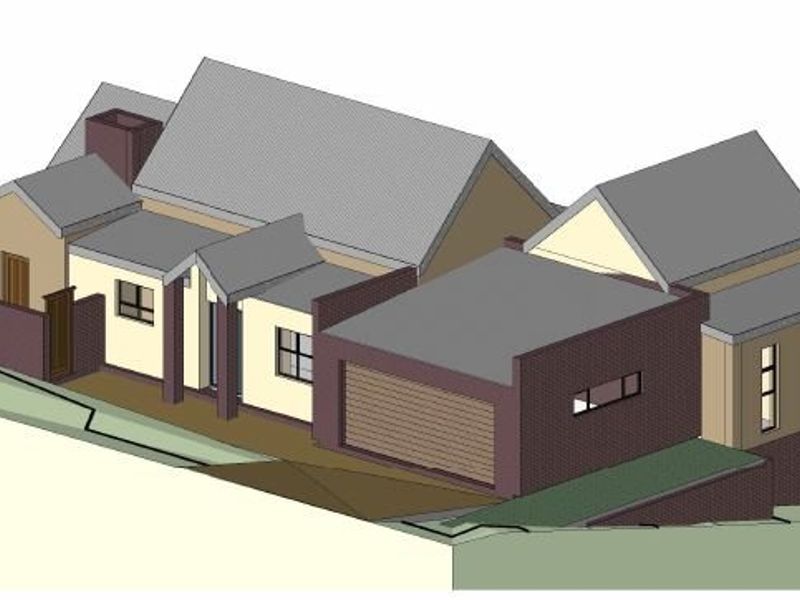 A 3D architectural rendering showing the exterior massing and roof structure of the residential property.