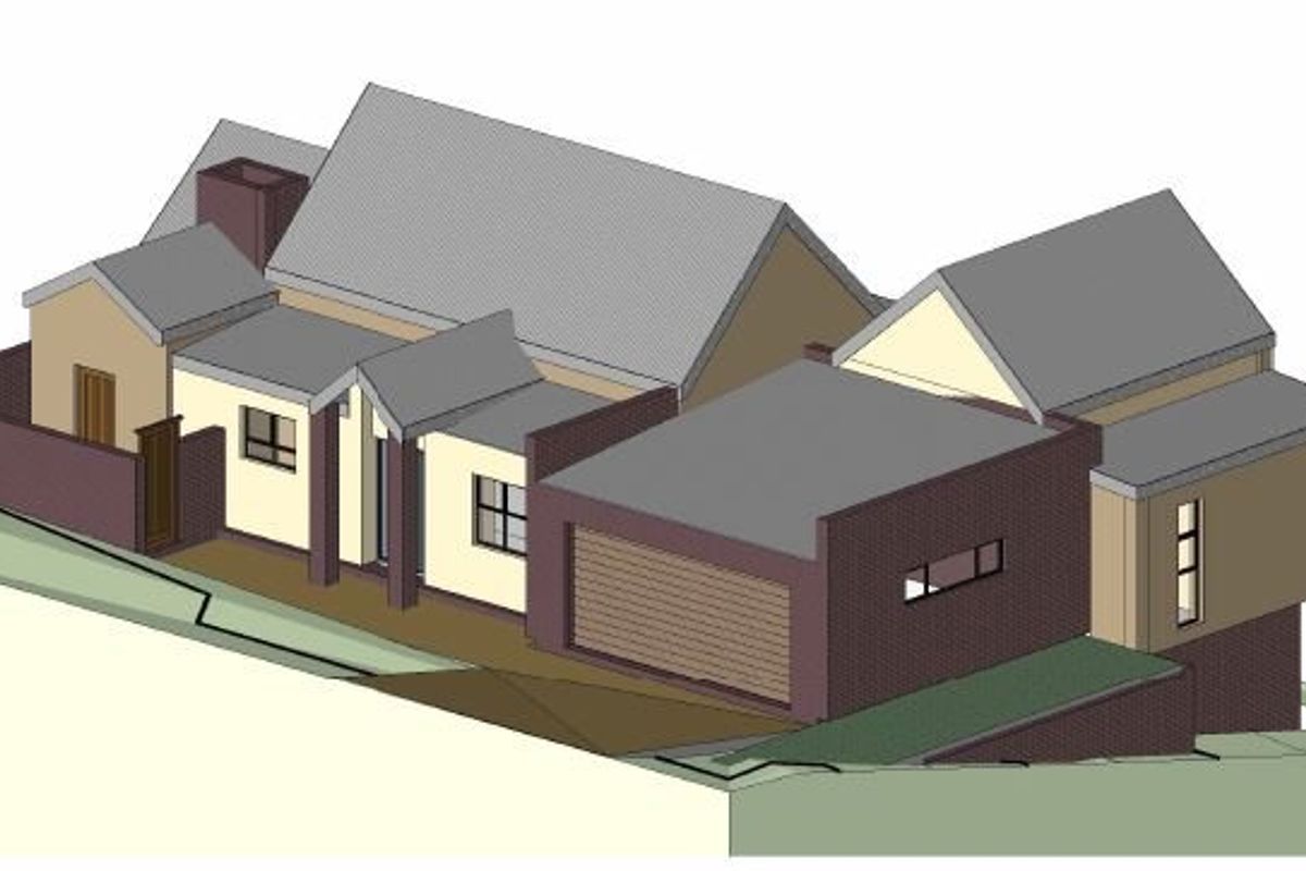 A 3D architectural rendering showing the exterior massing and roof structure of the residential property.