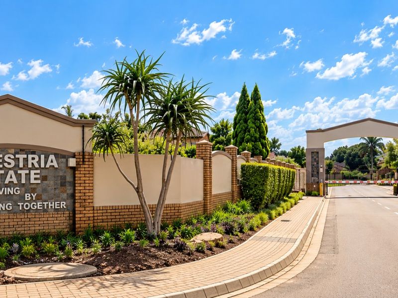 The entrance to Equestria Estate featuring a secure gatehouse, brick boundary walls, and well-maintained landscaped gardens.