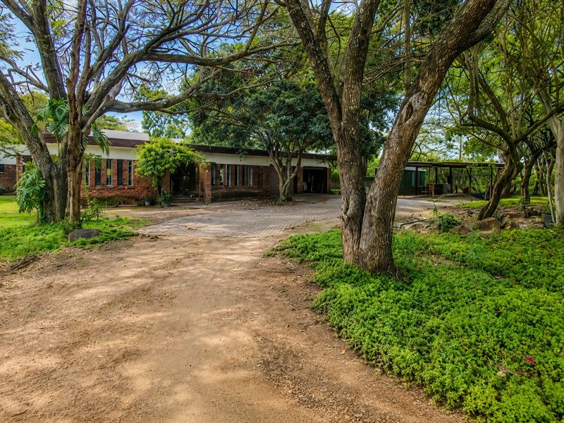 Front view of a single-story brick house featuring a paved driveway, carport, and established garden with mature trees.