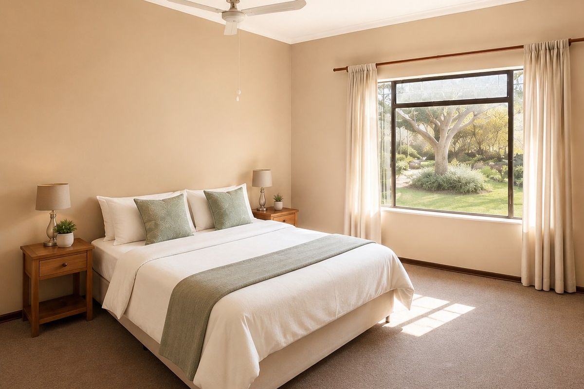 A well-maintained bedroom featuring neutral walls, carpet flooring, a ceiling fan, and a large window overlooking the garden.