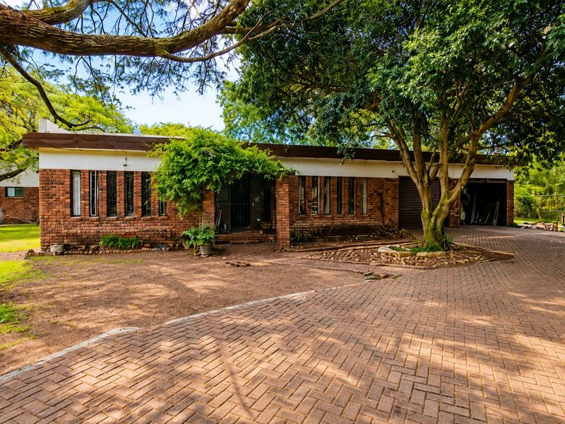 Front view of a single-story brick house featuring a paved driveway, integrated garage, and mature landscaping.