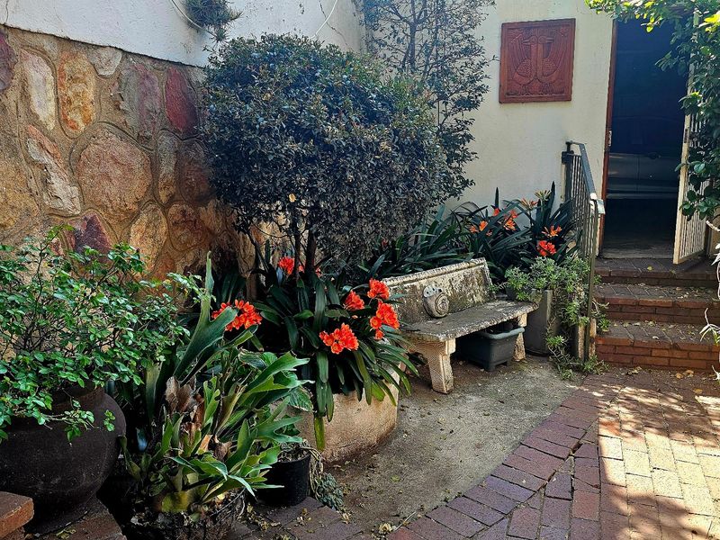 A private rear courtyard area featuring stone-clad walls, brick paving, and concrete steps leading to the main dwelling entrance.