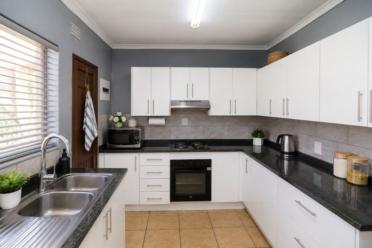 A well-maintained kitchen featuring white cabinetry, granite countertops, a built-in oven and hob, and a stainless steel double sink.