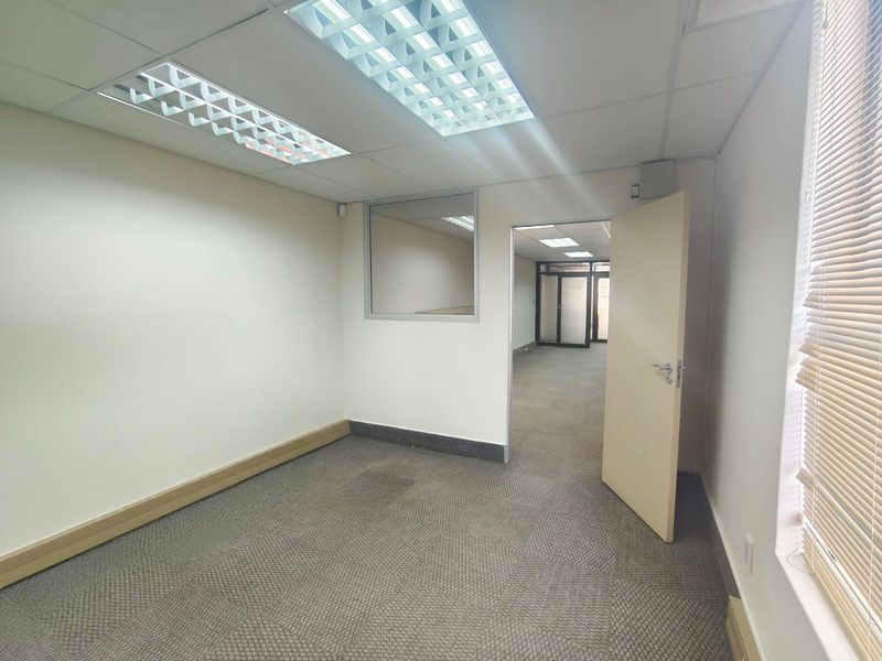 A vacant commercial office space featuring carpet tiles, suspended ceilings with recessed lighting, and an internal glass partition for natural light flow.