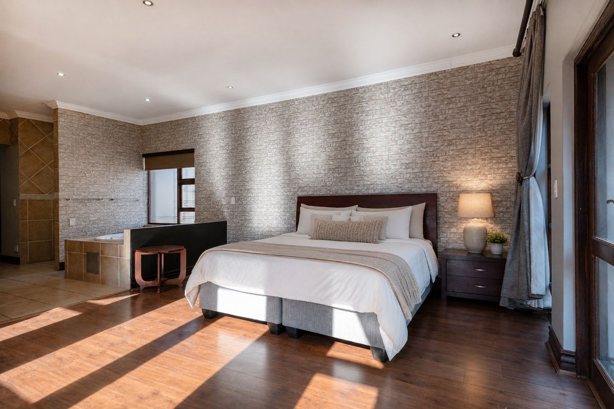 Spacious bedroom featuring laminate flooring, textured feature wall, recessed lighting, and an integrated open-plan bathtub area with tiled finishes.