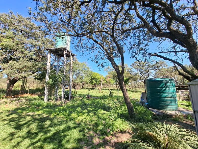 A rural garden area featuring an elevated water tank stand and a secondary ground-level water storage tank amidst mature trees.