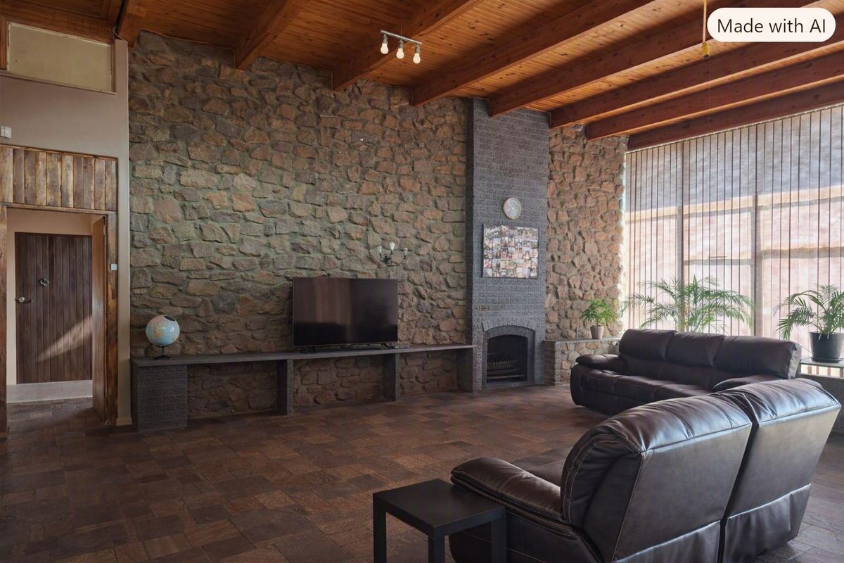 Spacious living room featuring a striking stone feature wall, built-in fireplace, and exposed timber beam ceiling with durable tiled flooring.