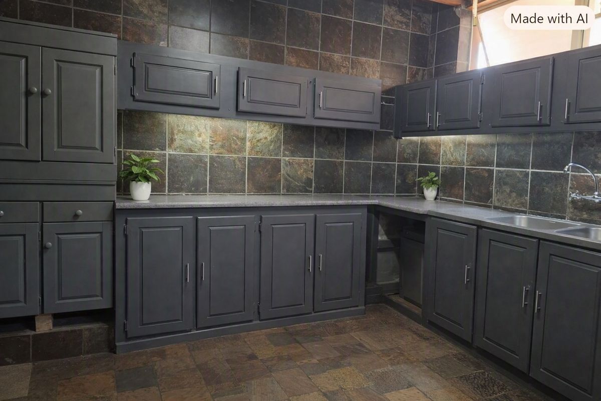 A kitchen featuring dark grey built-in cabinetry, stone tile backsplash, stone flooring, and a stainless steel sink with under-cabinet lighting.