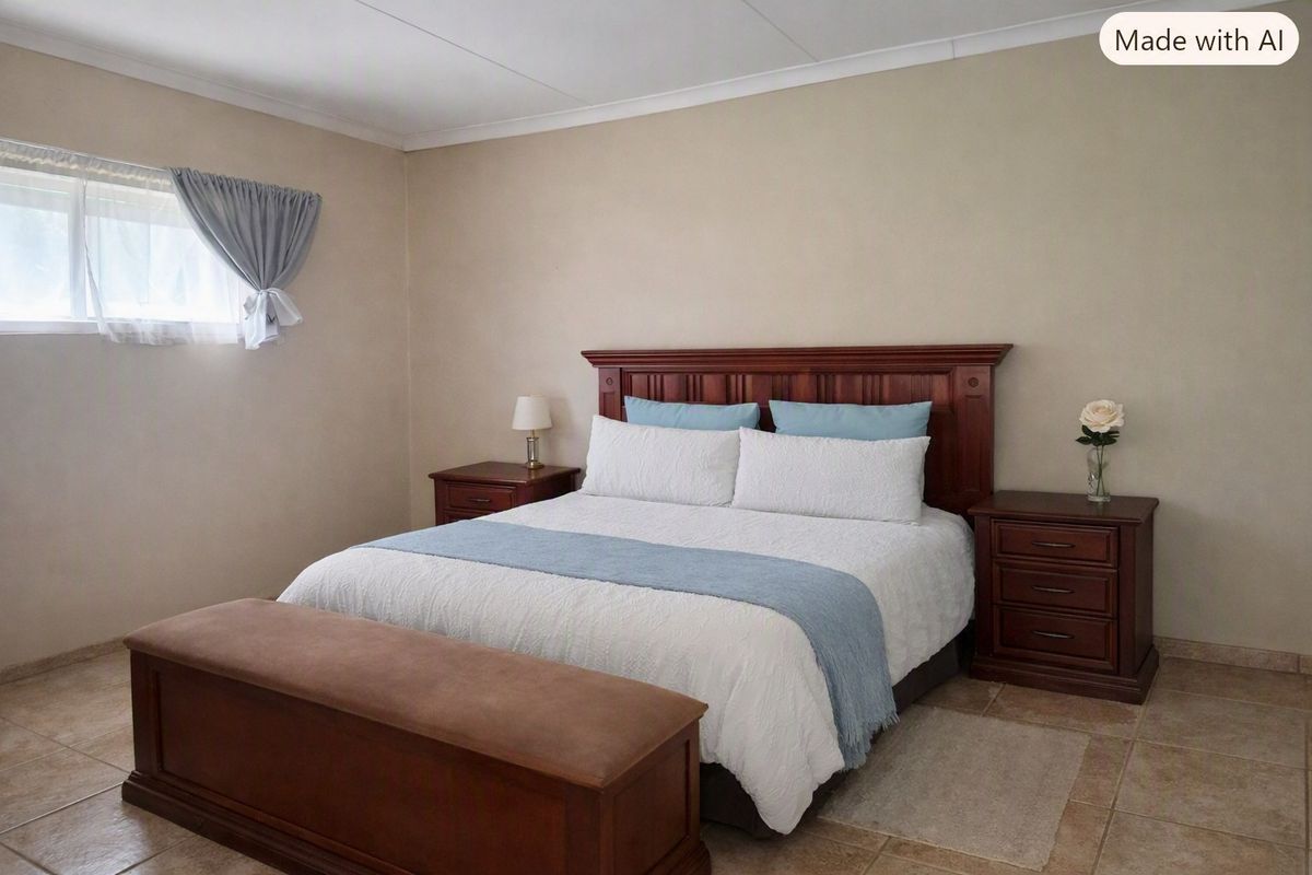 A neutrally painted bedroom featuring tiled flooring and coved ceiling details, providing a clean and functional space.