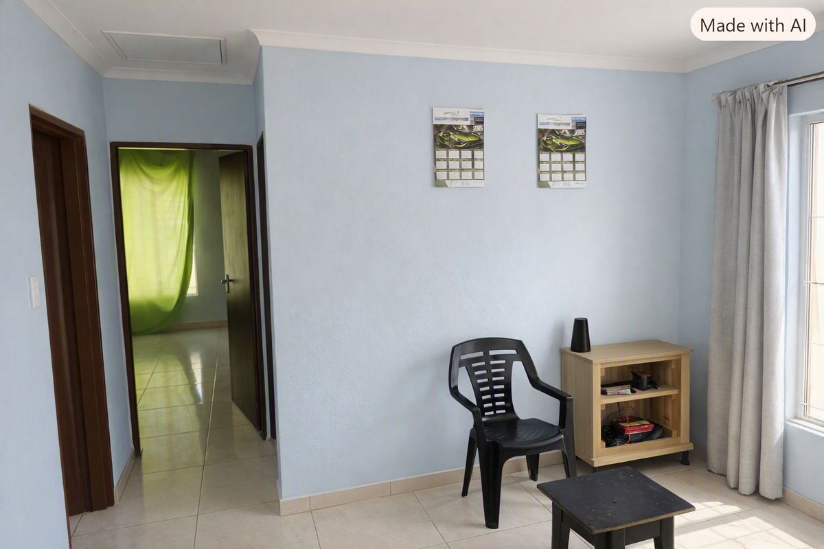 A simple living area featuring light blue walls, tiled flooring, and a doorway leading to an adjacent room.