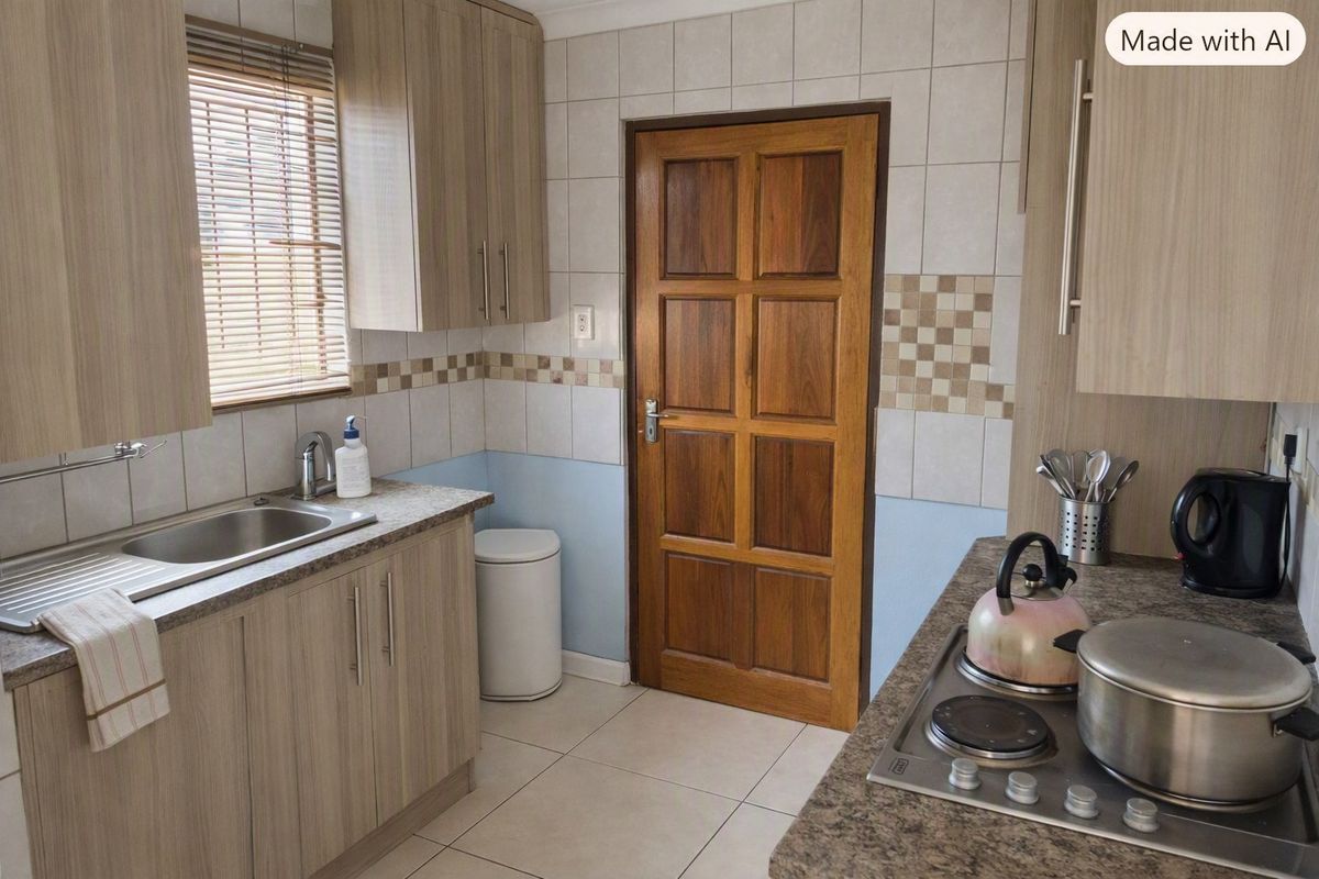 A functional kitchen featuring laminate cabinetry, stone-look countertops, a built-in hob, and tiled finishes, providing a practical workspace with direct access to an adjacent room.