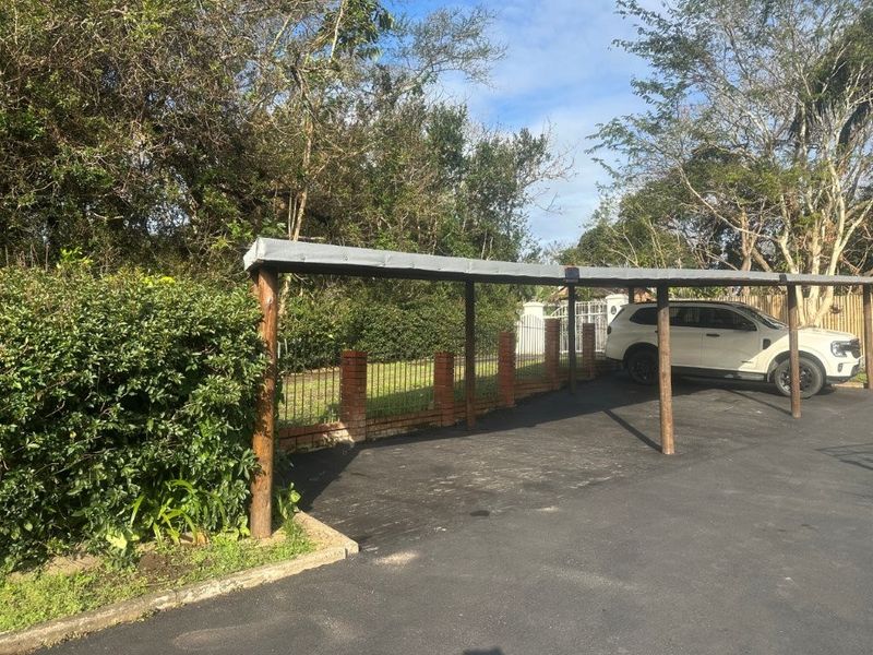 An outdoor carport structure featuring timber support posts and a metal roof, situated over an asphalt driveway with perimeter brick and metal fencing.