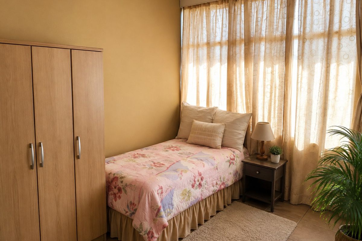 A cozy bedroom featuring tiled flooring, a built-in wardrobe, and large windows with natural light.