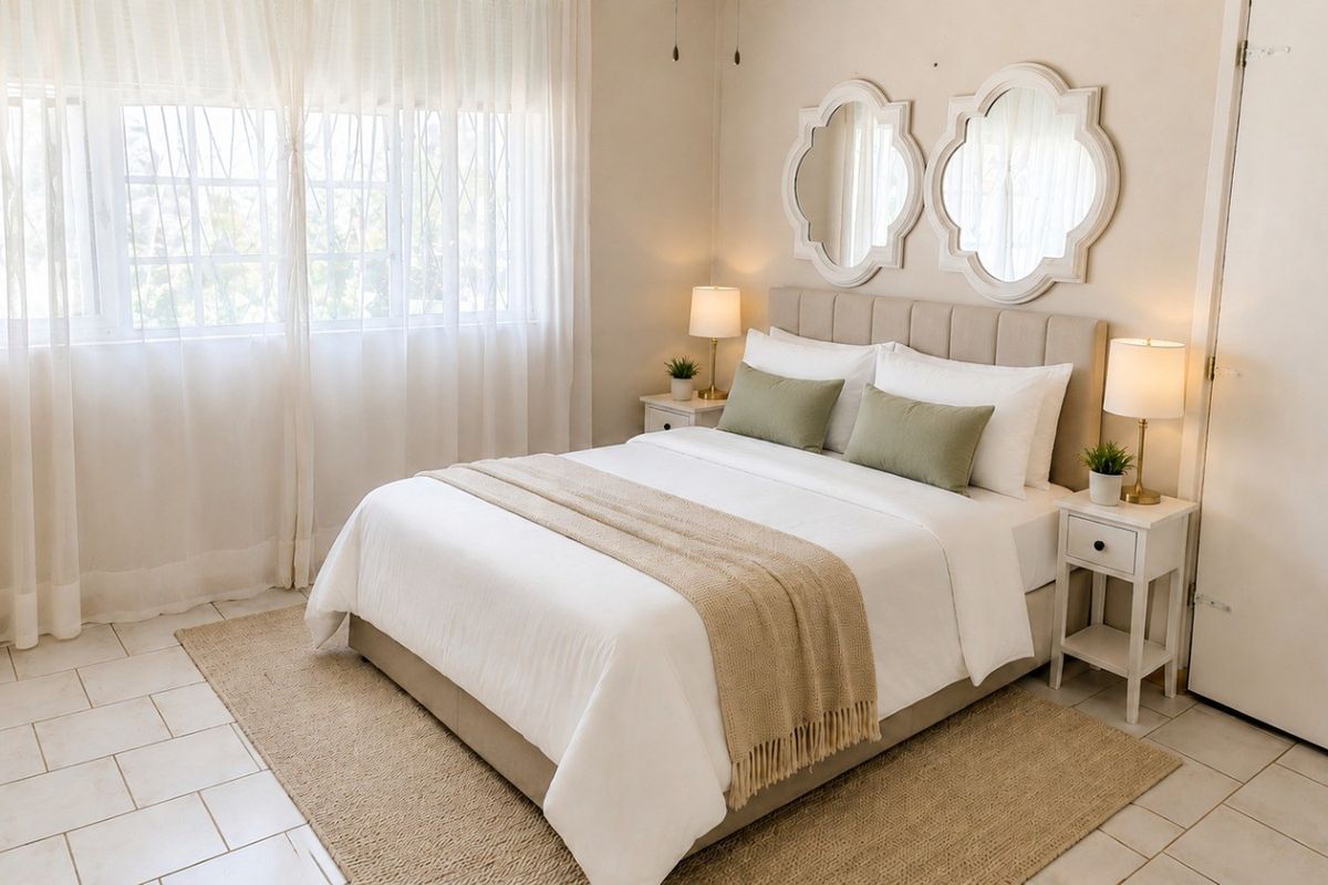 A bright and well-maintained bedroom featuring neutral tones, tiled flooring, and large windows that provide ample natural light.