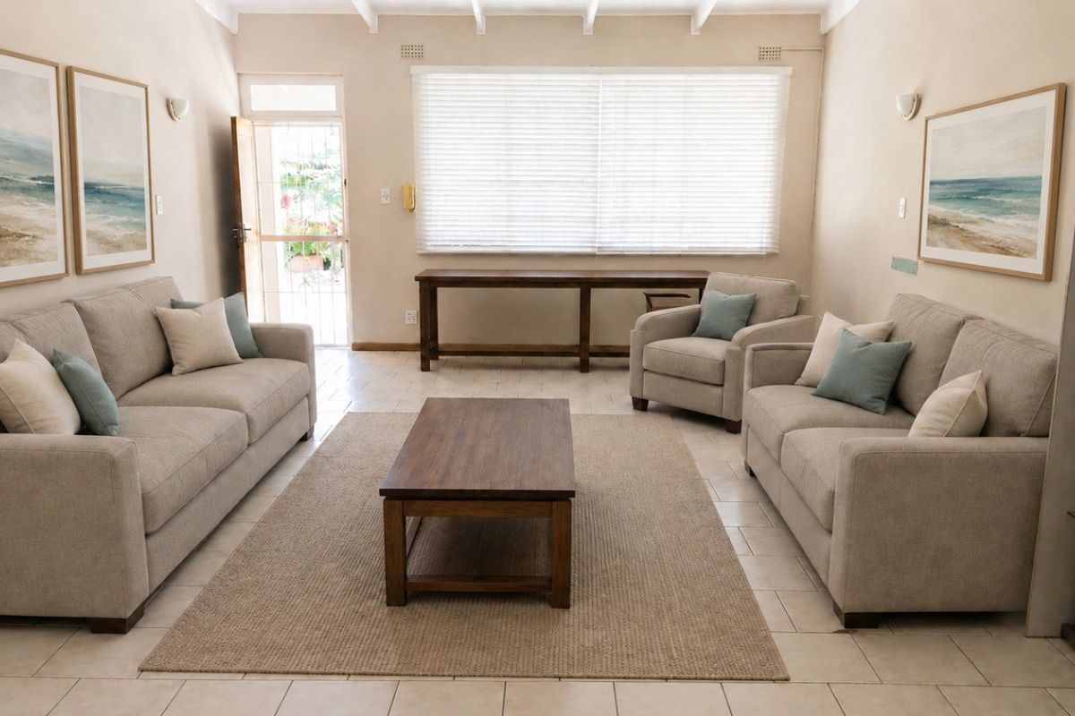 A bright and spacious living room featuring tiled flooring, exposed ceiling beams, and large windows with venetian blinds, providing a comfortable and inviting atmosphere.
