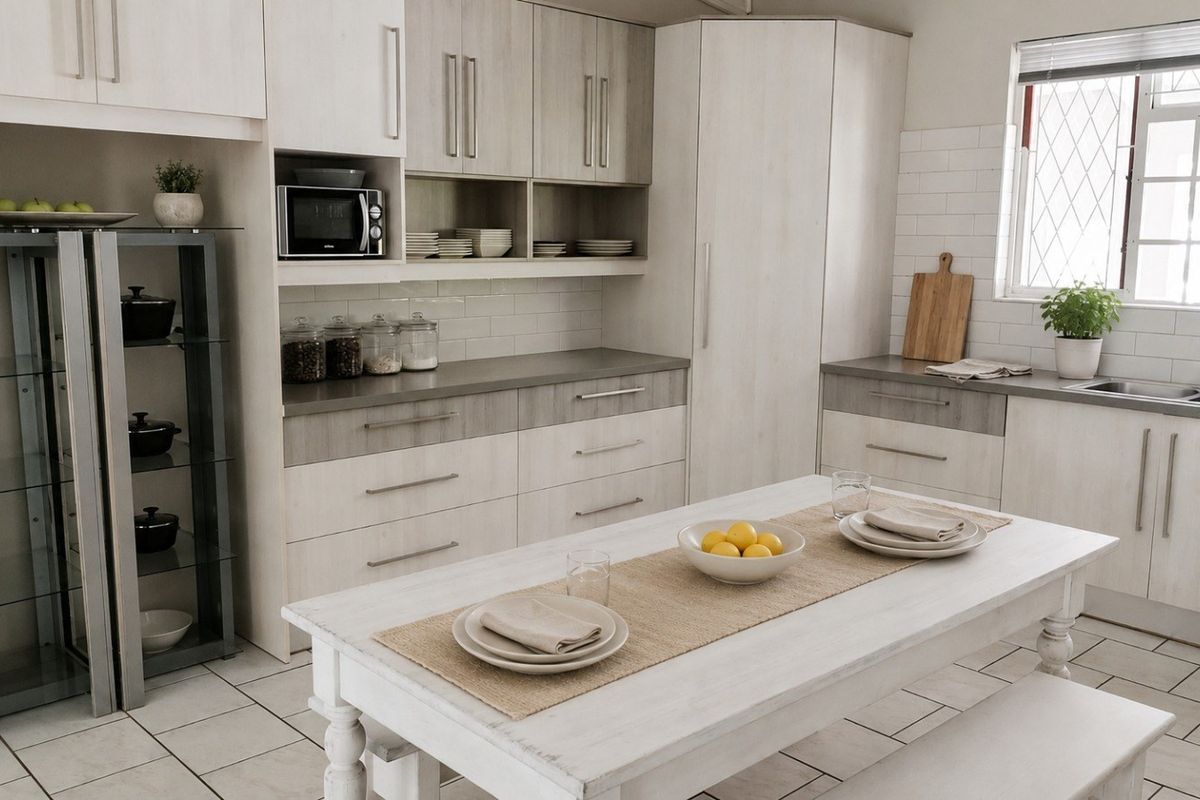 A well-maintained kitchen featuring light-toned built-in cabinetry, a subway tile backsplash, and a functional layout with ample counter space and tiled flooring.
