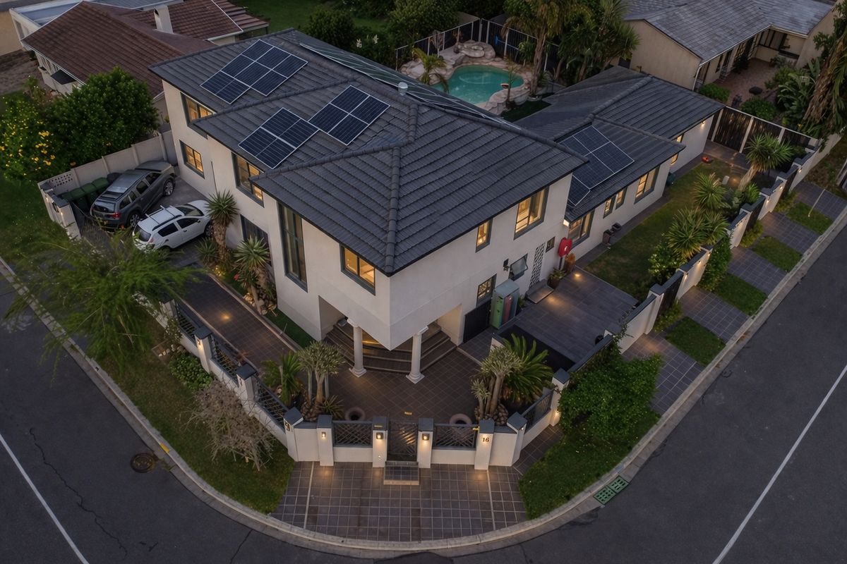Aerial view of a modern two-story corner property featuring a tiled roof with solar panels, a private swimming pool, and secure paved driveway.