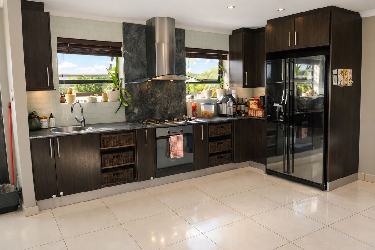 Modern kitchen featuring dark wood cabinetry, stone countertops, stainless steel appliances, and a tiled backsplash with ample natural light.