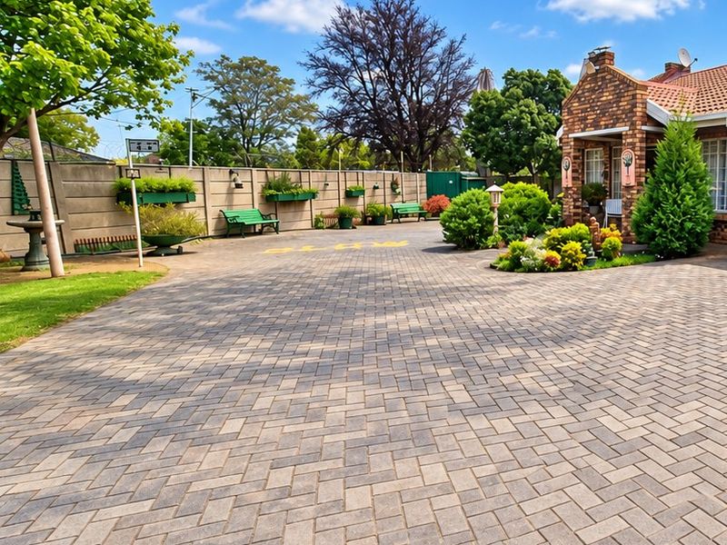 Spacious front exterior featuring a well-maintained brick paved driveway, established garden beds, and a secure precast concrete boundary wall.