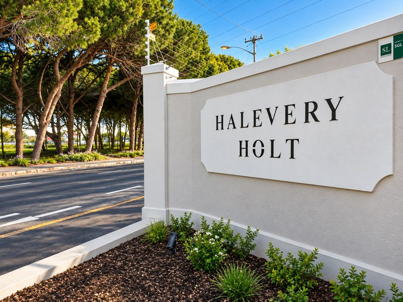 Entrance signage and boundary wall for Halevery Holt apartment complex, featuring well-maintained landscaping and secure electric fencing.