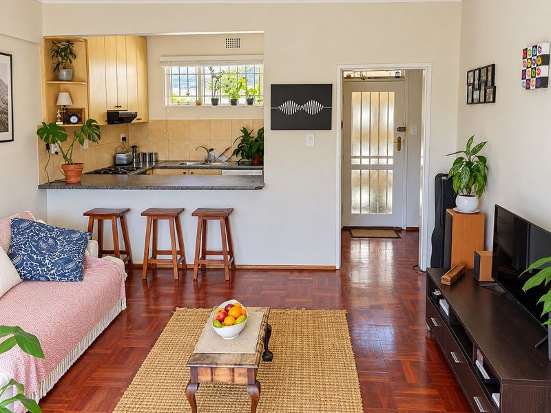 Open-plan living area featuring warm parquet flooring, a functional kitchen with breakfast bar, and direct access to the front entrance.