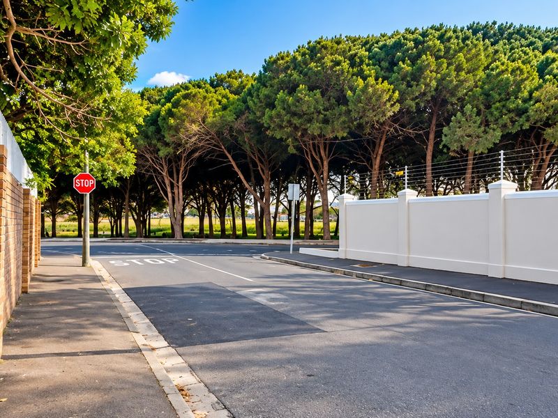 A clear street view showing the property's exterior boundary walls, electric fencing, and the adjacent paved road and sidewalk.