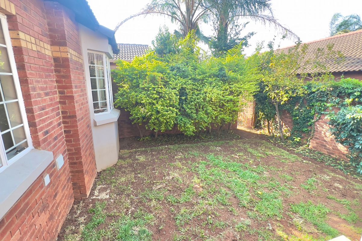 A private rear garden area featuring a brick townhouse facade, bay window, and established perimeter walling with mature greenery.