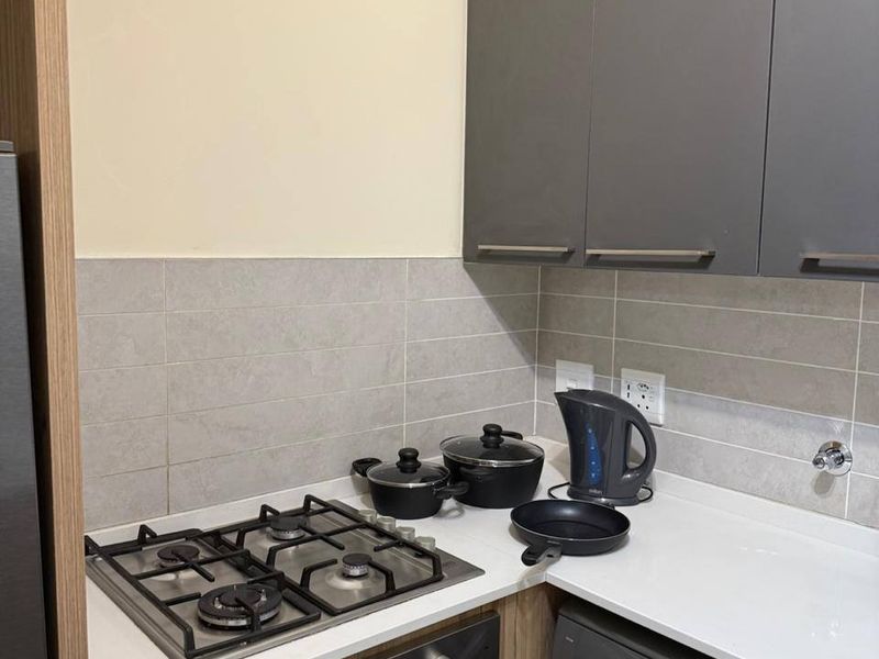 Compact modern kitchen featuring grey cabinetry, stone countertops, a gas hob, built-in oven, and integrated laundry plumbing.