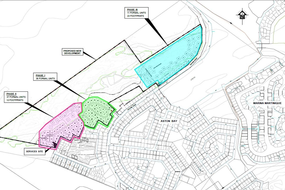 A detailed site development plan showing the layout of proposed residential phases, unit footprints, and service sites within the development area.