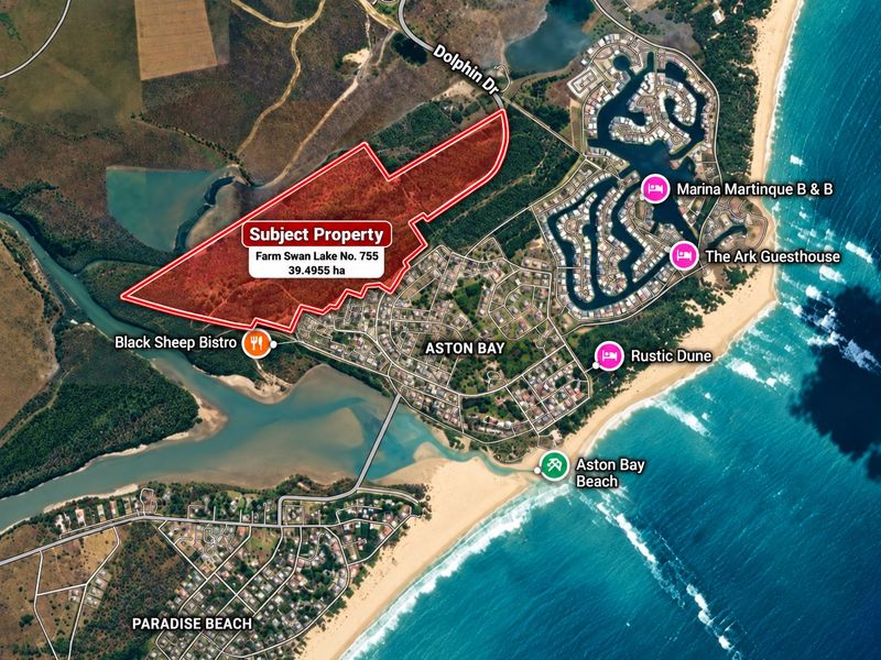 Aerial view of the 39.4955 hectare vacant land property located near Aston Bay and the coastline.