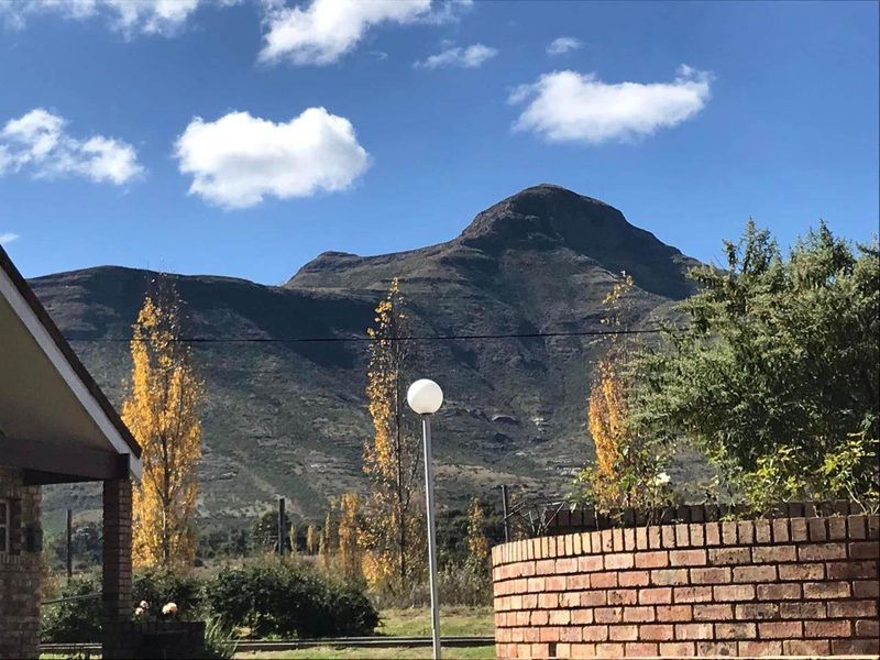 A scenic view of the mountain range from the property grounds, featuring a brick boundary wall and established garden trees.