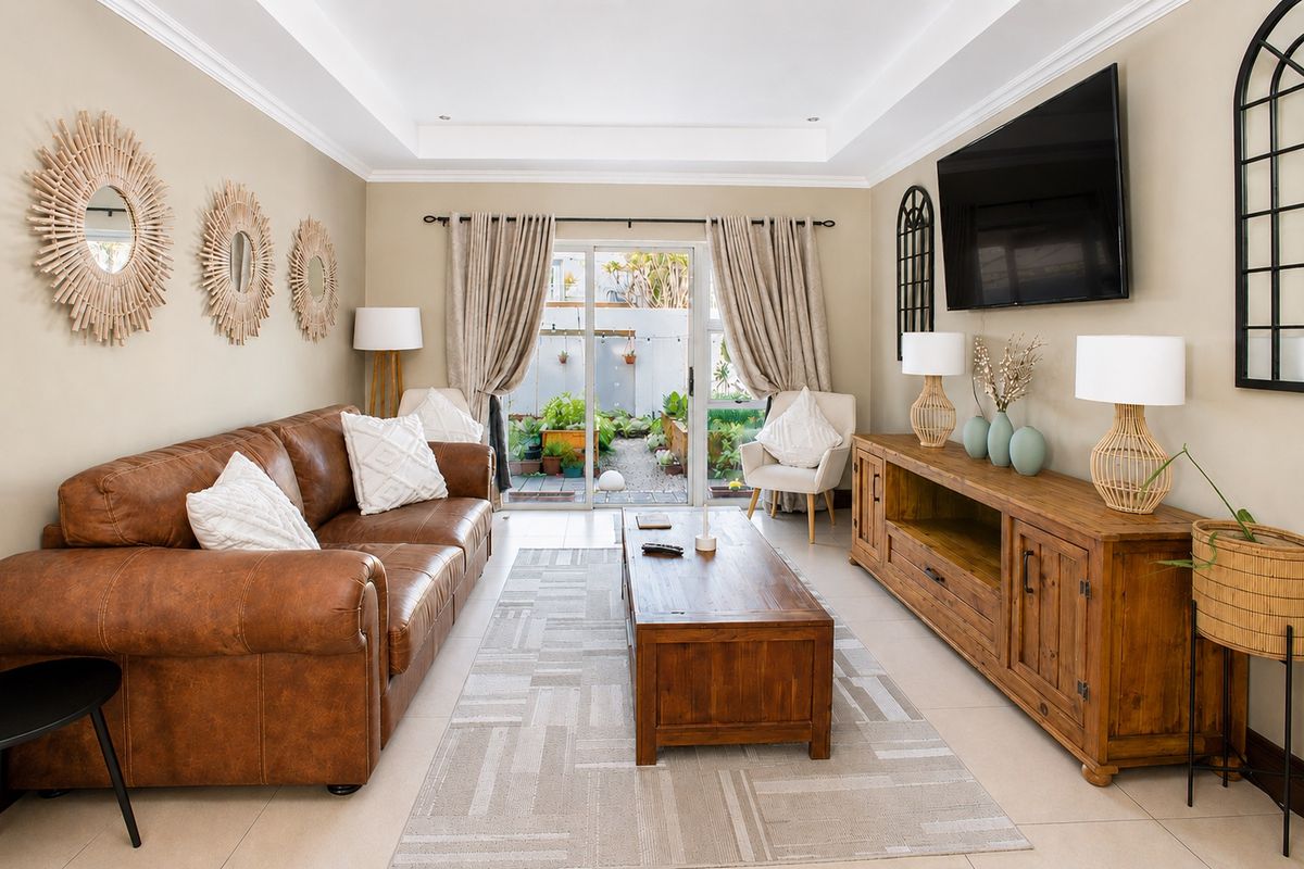 A well-maintained living room featuring a recessed ceiling, tiled flooring, and a sliding glass door providing direct access to the outdoor patio area.