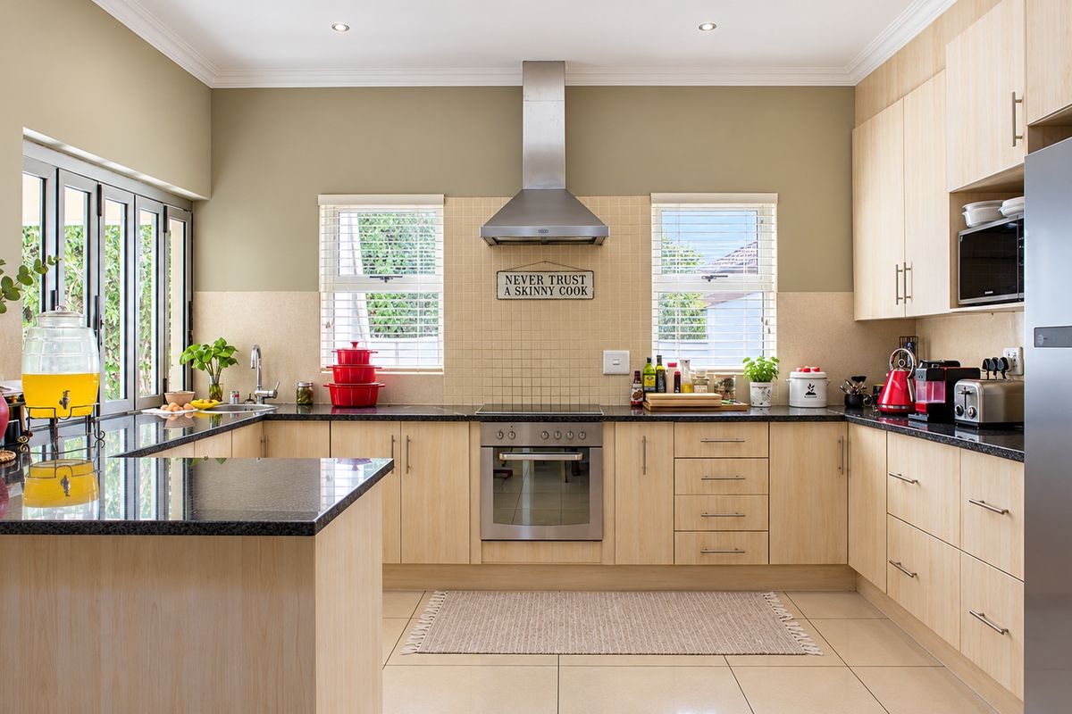 A well-maintained kitchen featuring light wood cabinetry, granite countertops, stainless steel appliances, and ample natural light from dual windows.