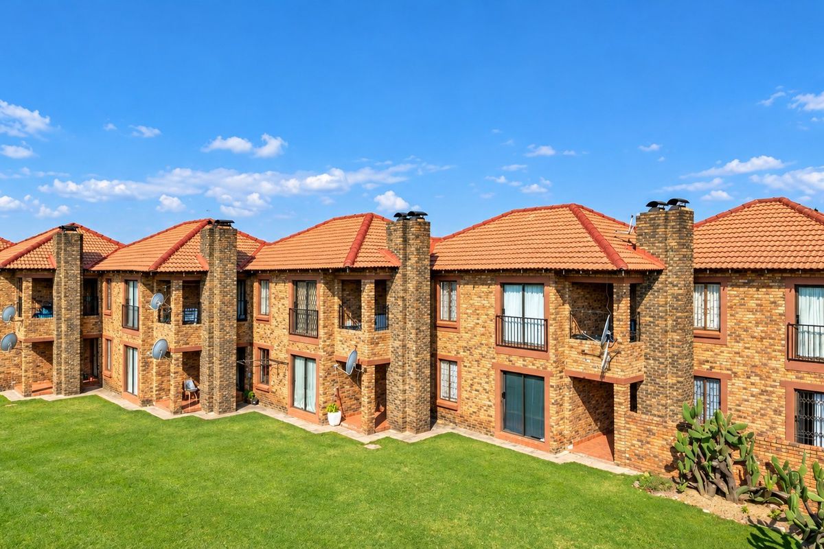 A rear view of a multi-unit apartment complex featuring face brick construction, tiled roofing, and private balconies overlooking a shared lawn area.
