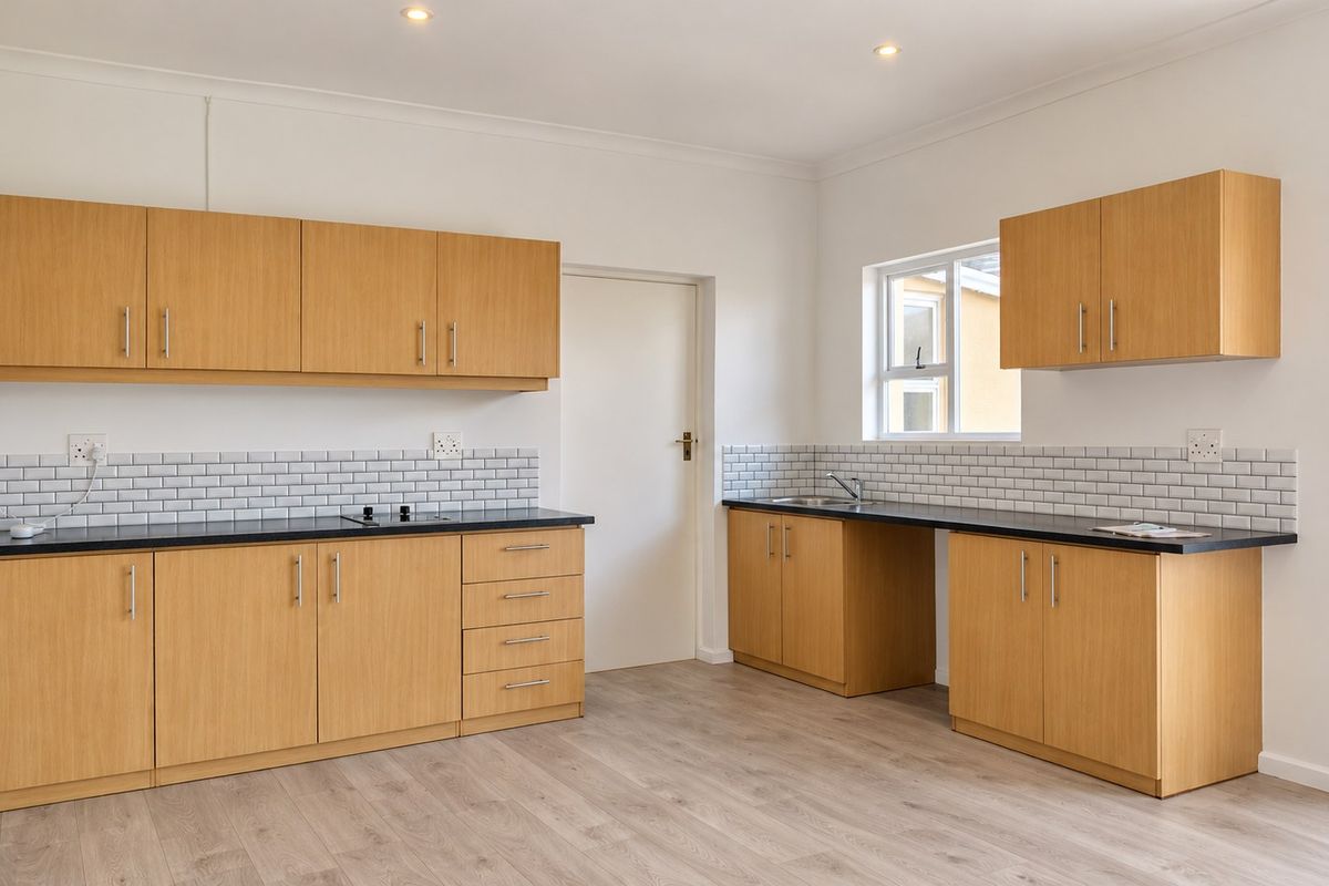 A clean, modern kitchen featuring light wood cabinetry, subway tile backsplash, dark laminate countertops, and durable wood-look flooring in an open, bright space.