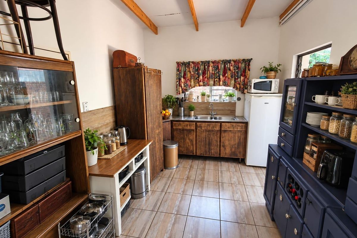 A rustic-style kitchen featuring wooden cabinetry, tiled flooring, and exposed ceiling beams, providing a warm and functional cooking space.